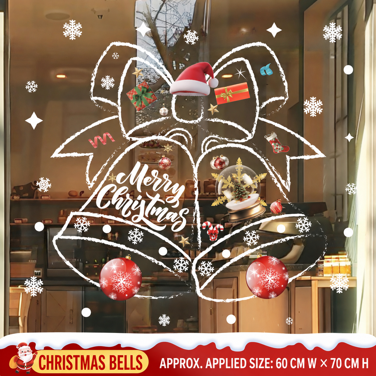 Christmas Window Sticker – Large Reusable Holiday Glass Decal with Christmas Tree or Bell Design for Shop Window, Door & Home Decoration
