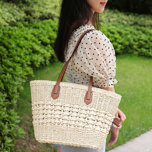 Vintage Woven Straw Bag – Medium Retro European Style Handbag with Cotton Blend Lining