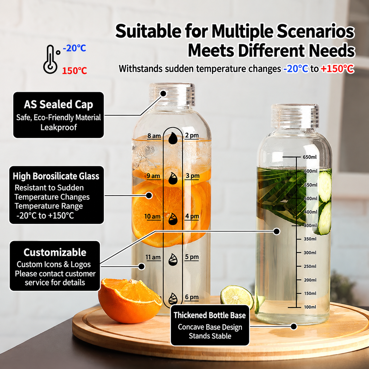 High Borosilicate Glass Water Bottle with AS Lid Heat Resistant Drink Container