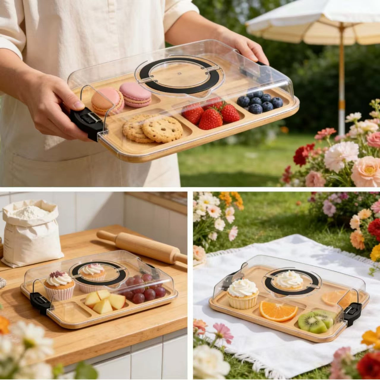 Bamboo Compartment Tray with Clear Lid Snack Storage Box