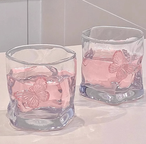 200ml Butterfly Glass Tumbler – Decorative Clear Drinking Glass with Pink Butterfly Accents