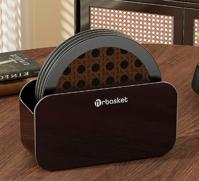 Rattan-Style Round Silicone Coaster Set with Storage Holder, 4-Piece Heat-Resistant Table Coasters