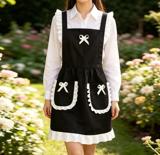 Vintage Ruffle Apron for Women – Polyester Kitchen Apron with Pockets, Bow Detail Cooking Baking Apron for Home, Café & Garden