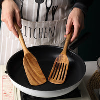 Long Handle Teak Wood Slotted Spatula for Cooking