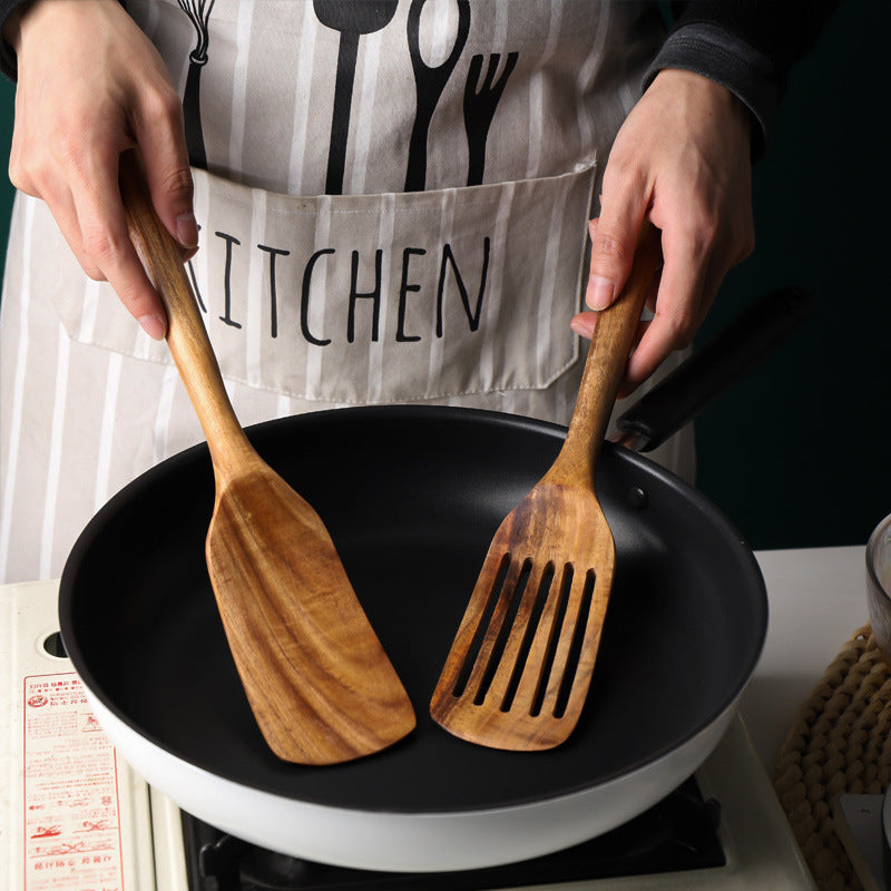Long Handle Teak Wood Slotted Spatula for Cooking