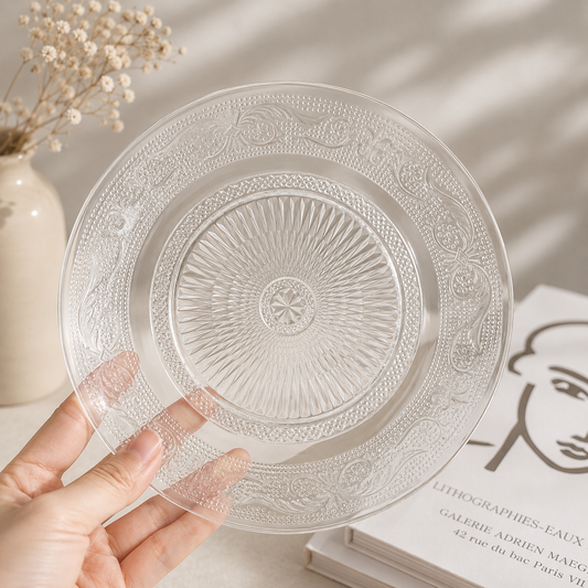Vintage Round Glass Dish – Embossed Pearl Pattern Plate