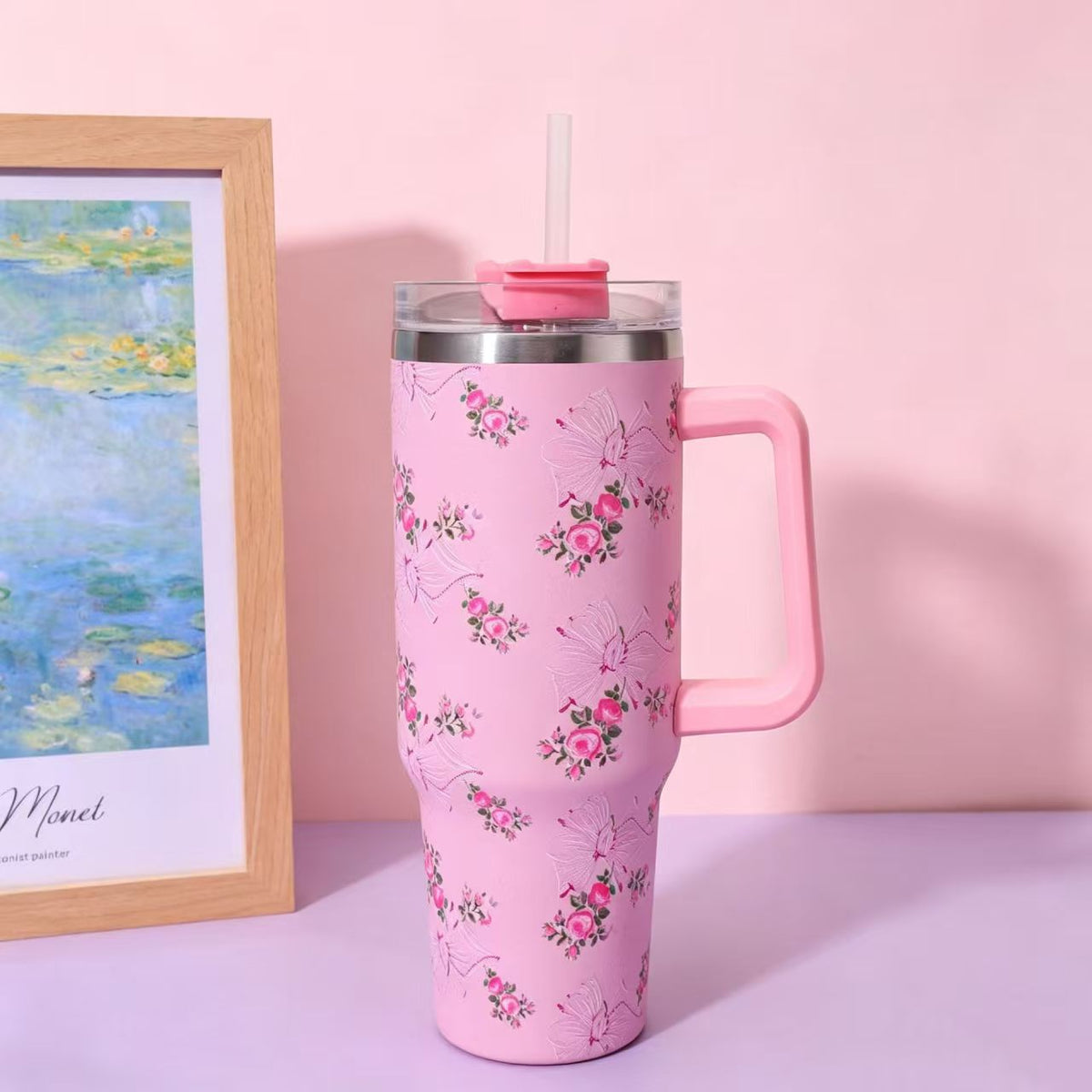 Floral Pattern 40oz Stainless Steel Insulated Tumbler with Straw & Handle – Large Capacity Travel Water Cup