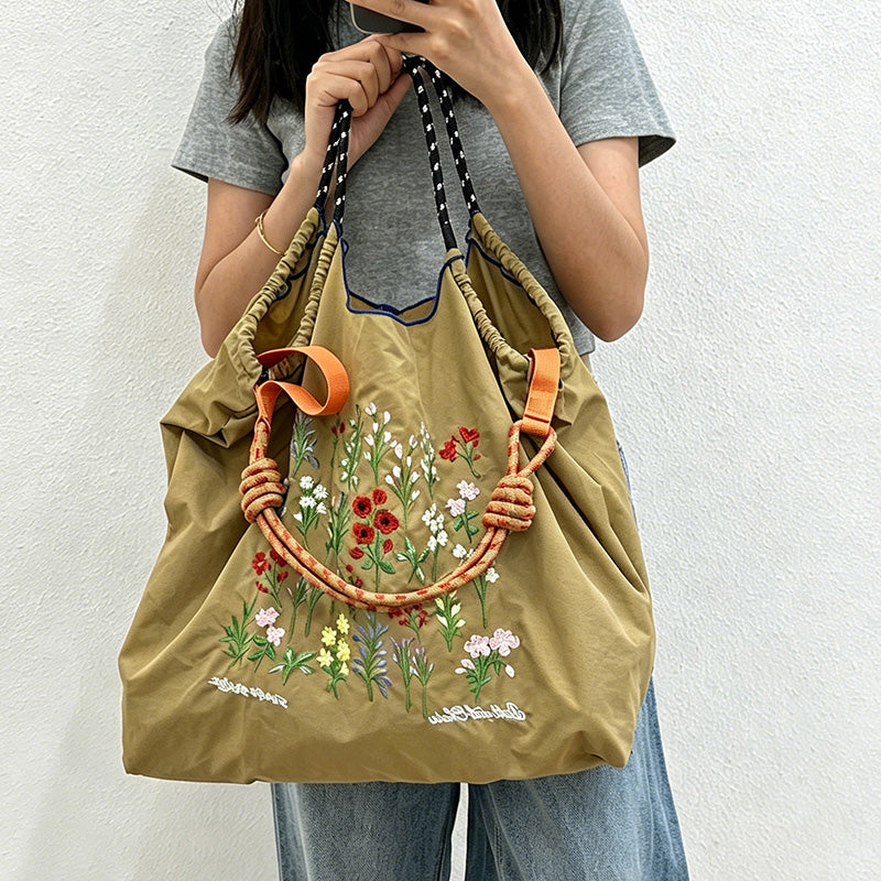 Wildflower Embroidery Tote Bag – Floral Canvas Shopping Bag for Grocery, Market & Daily Carry