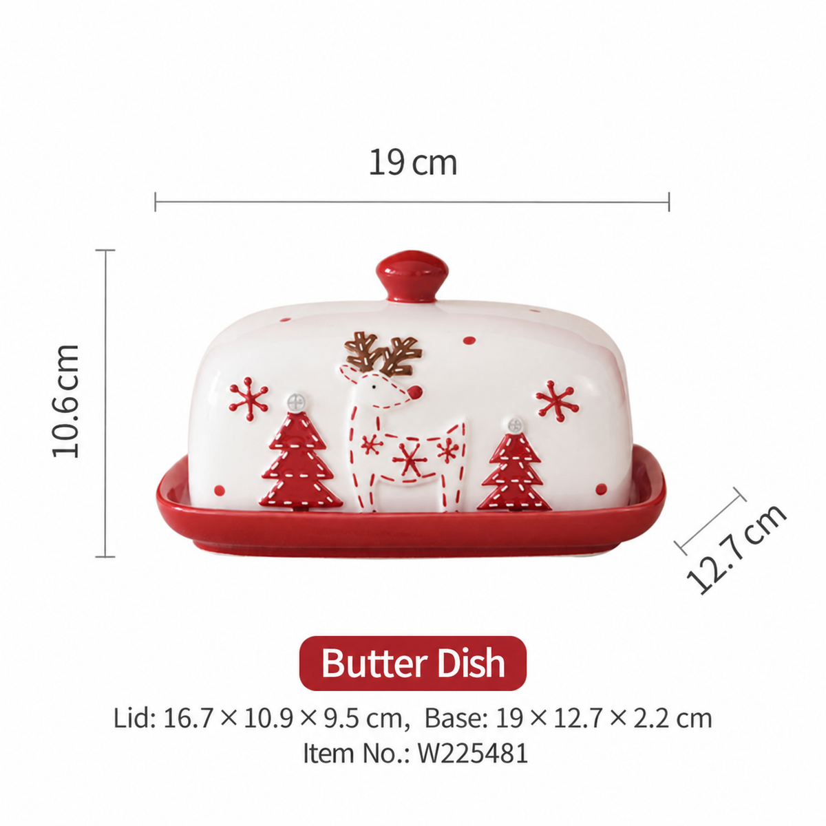 Christmas Ceramic Butter Dish with Lid, Red and White Reindeer and Tree Design