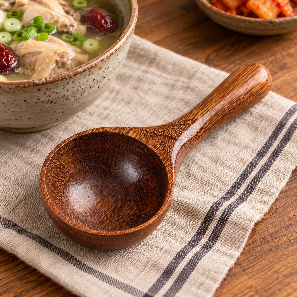 Korean Mukbang Style Large Wooden Soup Spoon with Deep Round Bowl
