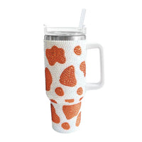 40oz Cow Print Sparkle Rhinestone Tumbler Stainless Steel With Handle Insulated Large Capacity Cup