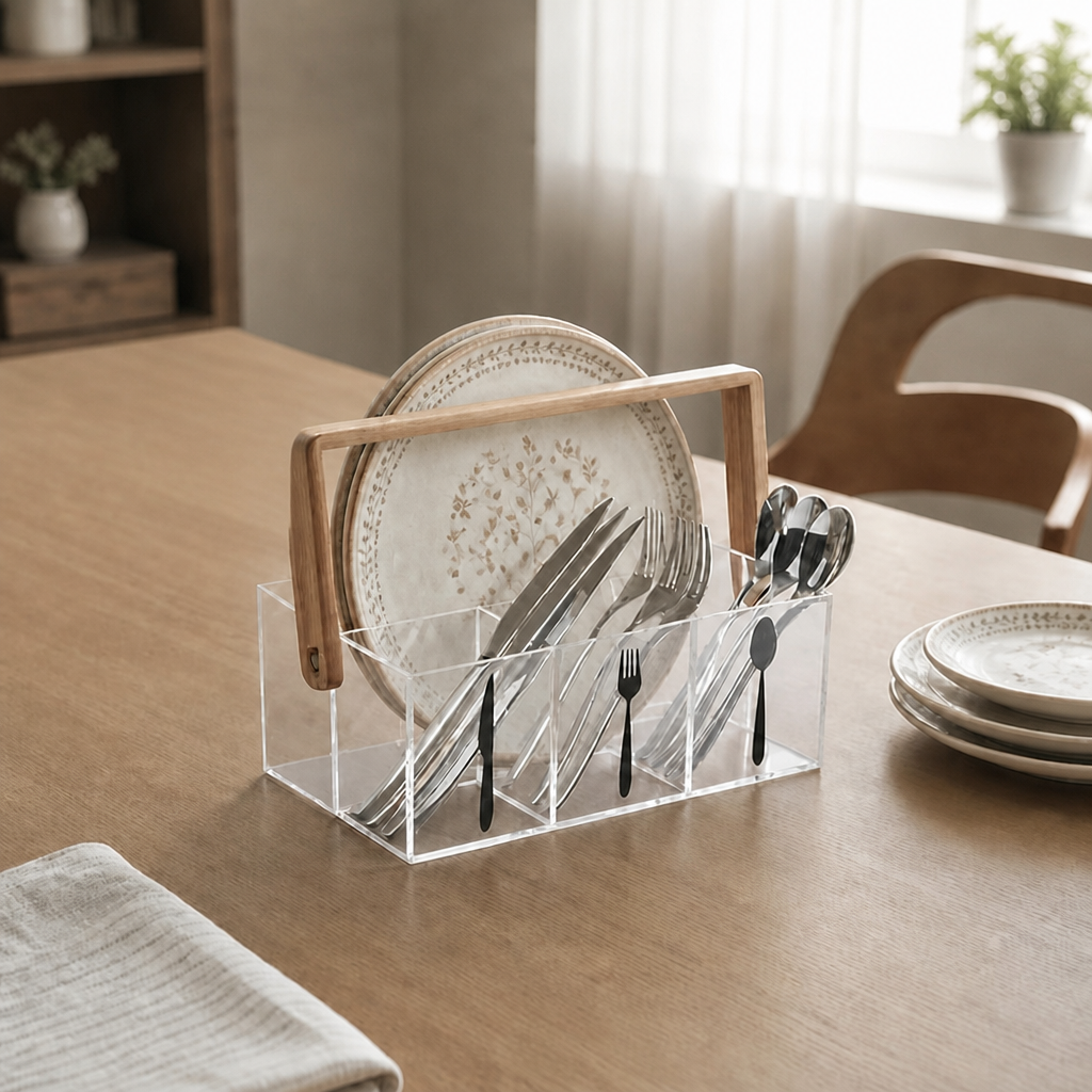 Acrylic Flatware Caddy with Bamboo Handle, 3-Compartment Silverware Organizer for Kitchen Countertop, Picnic, Party & Outdoor Dining
