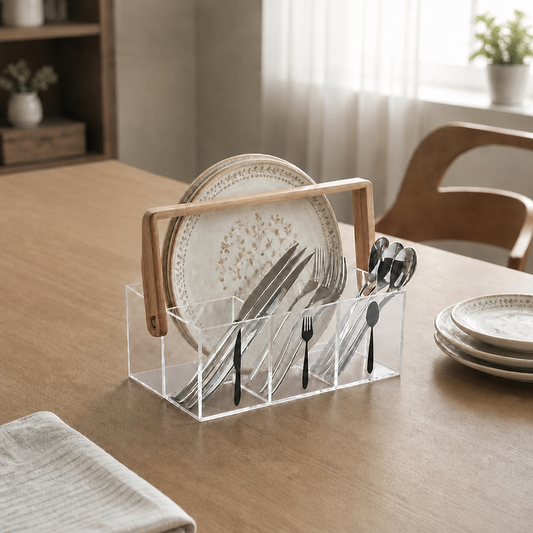 Acrylic Flatware Caddy with Bamboo Handle, 3-Compartment Silverware Organizer for Kitchen Countertop, Picnic, Party & Outdoor Dining