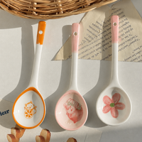 Cute Ceramic Soup Spoon – Long Handle Japanese Style Spoon with Rabbit, Cat & Cherry Blossom Designs for Dining