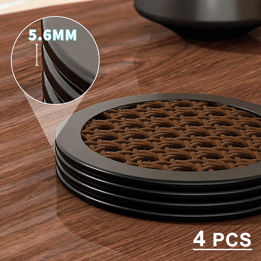 Rattan-Style Round Silicone Coaster Set with Storage Holder, 4-Piece Heat-Resistant Table Coasters