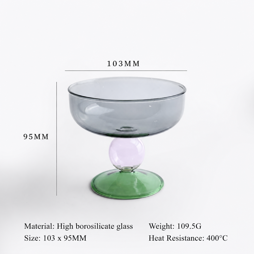 Colorful Dessert Glass – High Borosilicate Glass Coupe, Pedestal Ice Cream Bowl for Desserts, Fruit & Drinks