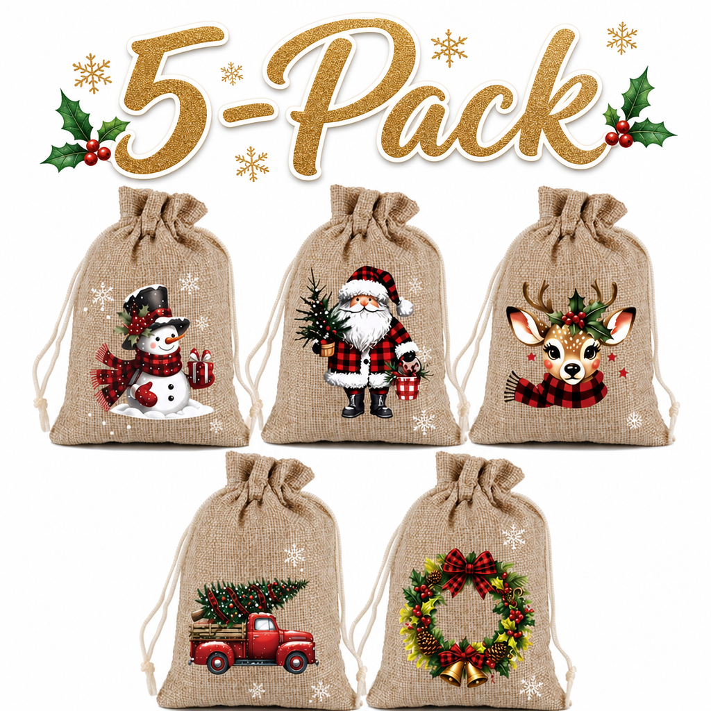 Christmas Drawstring Gift Bag Set – 5-Piece or 12-Piece Holiday Favor Bags with Festive Prints
