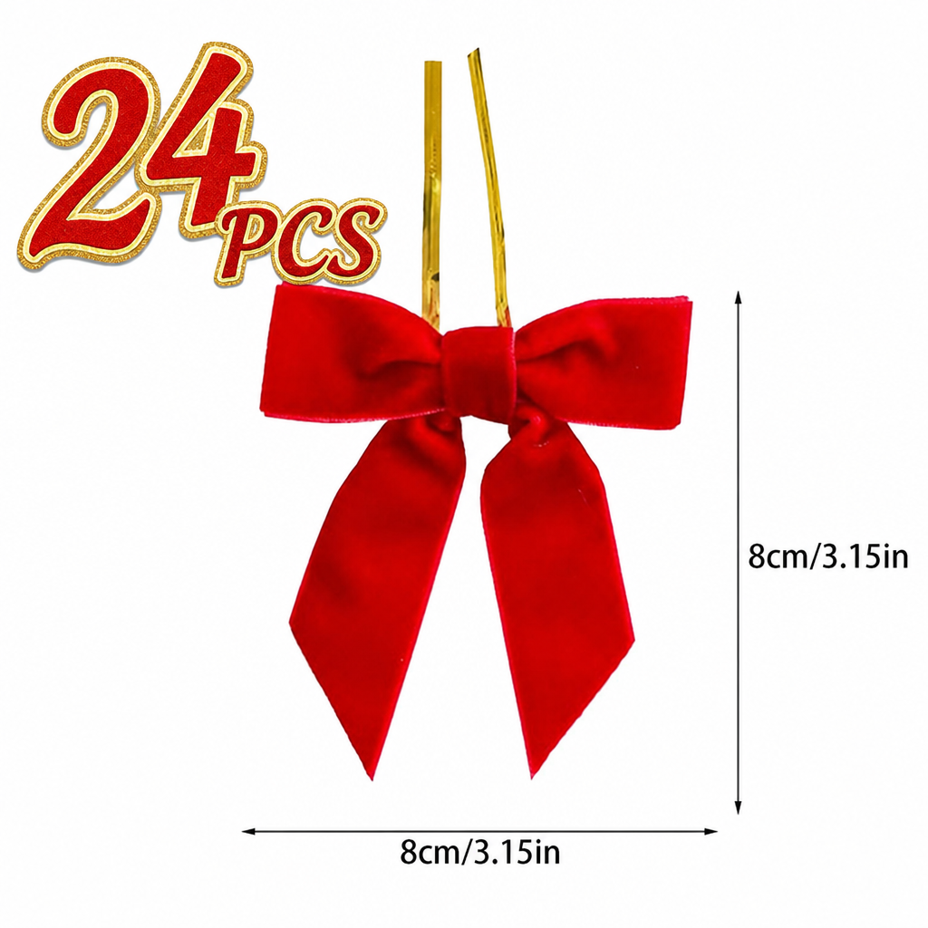 24-Piece Christmas Velvet Bow Ornament Set – 8 cm Red & Burgundy Holiday Bows with Gold Twist Ties for Christmas Tree, Wreath & Gift Decor