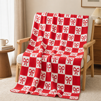 Bow Knit Half-Plush Throw Blanket Soft Cozy Sofa Blanket Warm Decorative Home Blanket