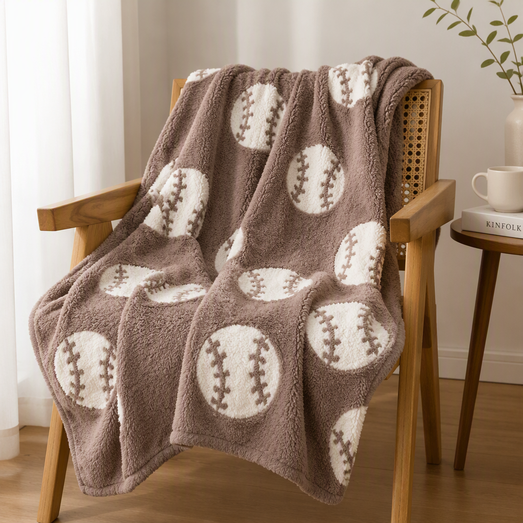 Baseball Print Flannel Throw Blanket Sports Theme Soft Warm Nap Blanket for Sofa Bed and Home