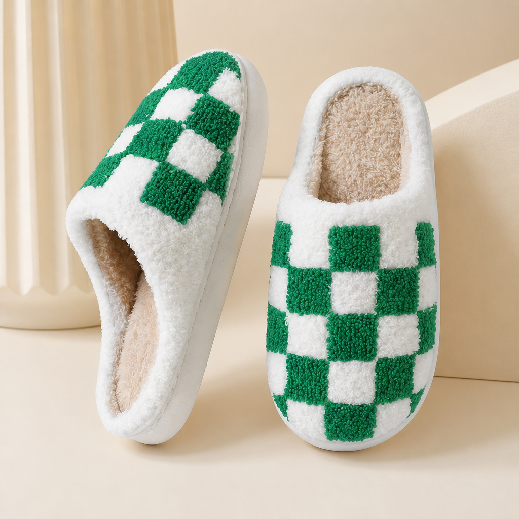 Checkerboard Plush House Slippers – Warm Non-Slip Indoor Winter Slippers