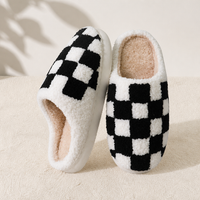 Checkerboard Plush House Slippers – Warm Non-Slip Indoor Winter Slippers