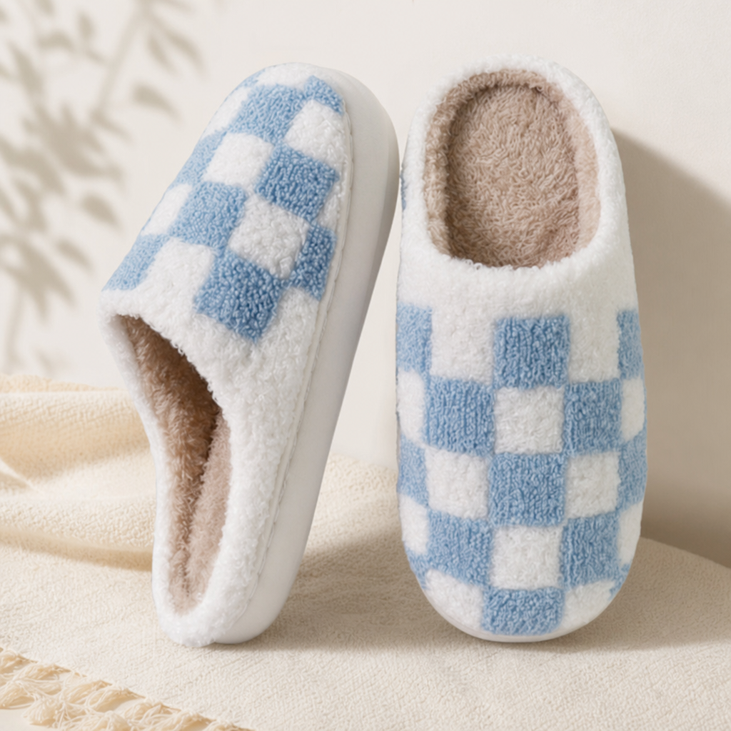 Checkerboard Plush House Slippers – Warm Non-Slip Indoor Winter Slippers