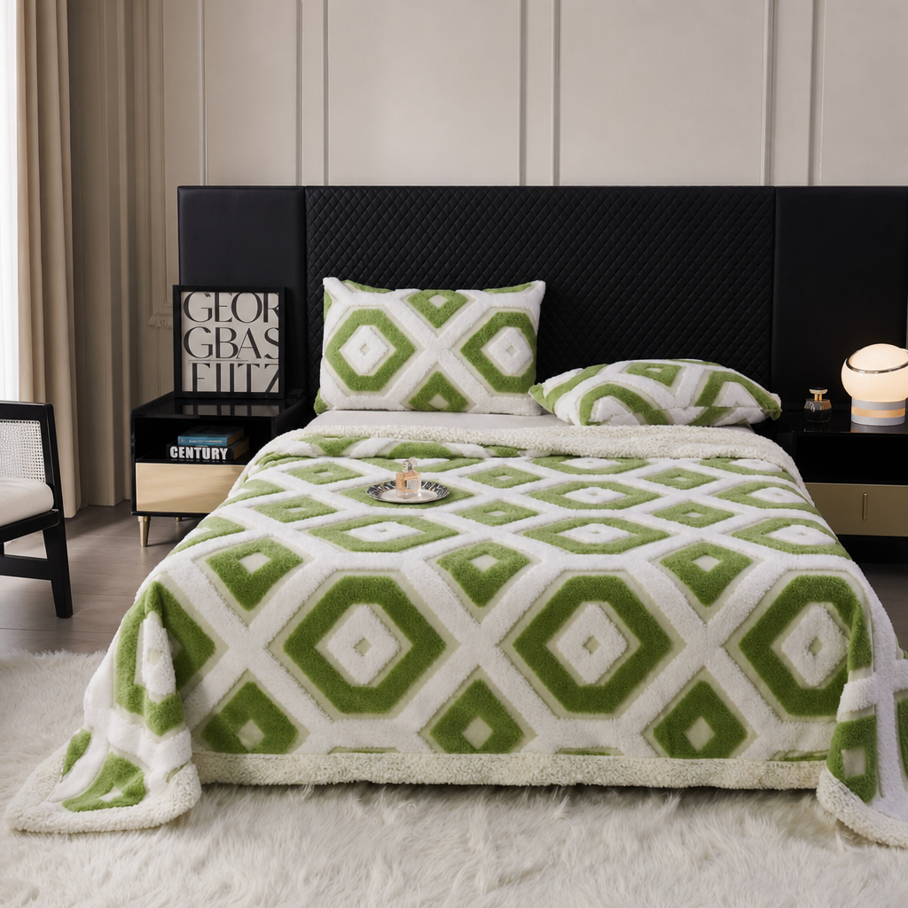 Dual-Tone 3D Jacquard Sherpa Fleece Blanket – Double-Layer Thick Warm Plush Throw for Sofa
