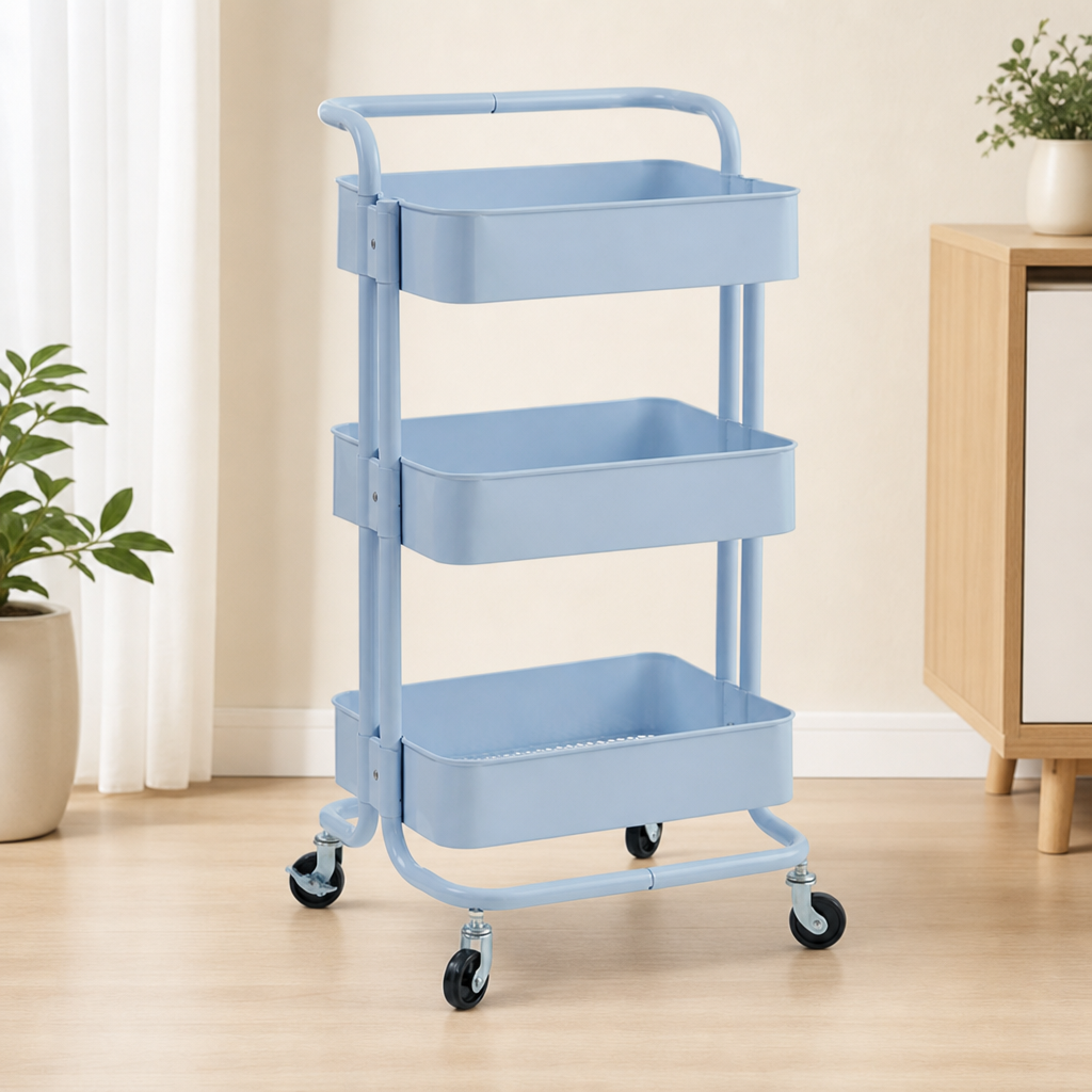 3-Tier Carbon Steel Rolling Storage Cart – Mobile Kitchen Organizer with Handle
