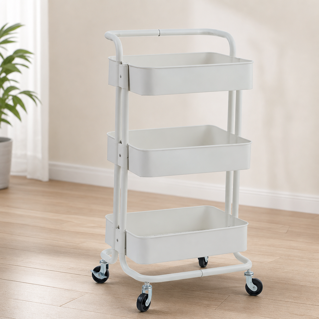 3-Tier Carbon Steel Rolling Storage Cart – Mobile Kitchen Organizer with Handle