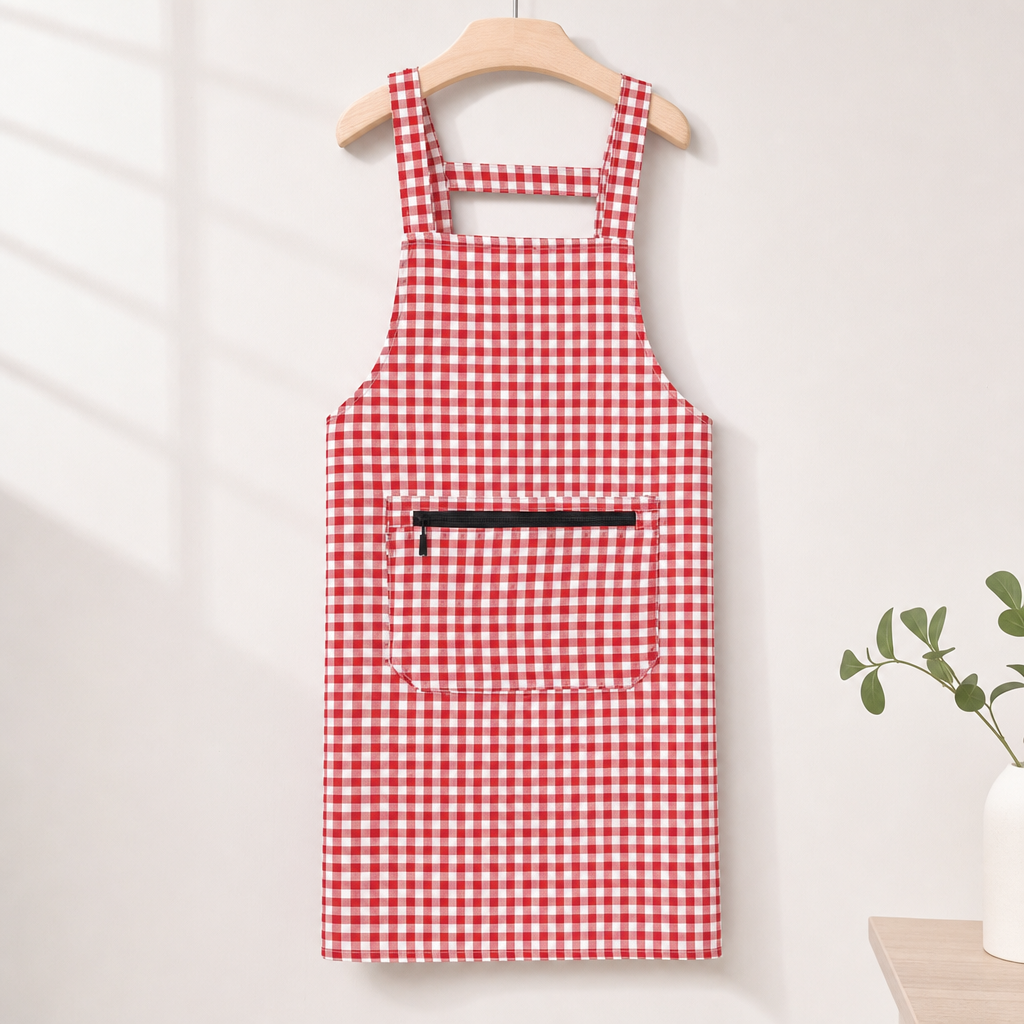 Cotton Kitchen Apron Breathable Plaid Zipper Women Cooking Baking Craft Apron