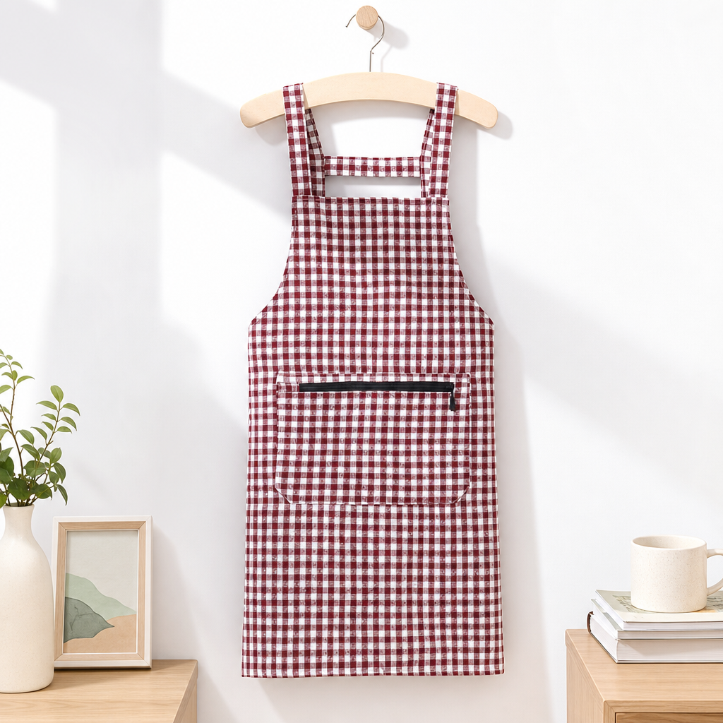 Cotton Kitchen Apron Breathable Plaid Zipper Women Cooking Baking Craft Apron