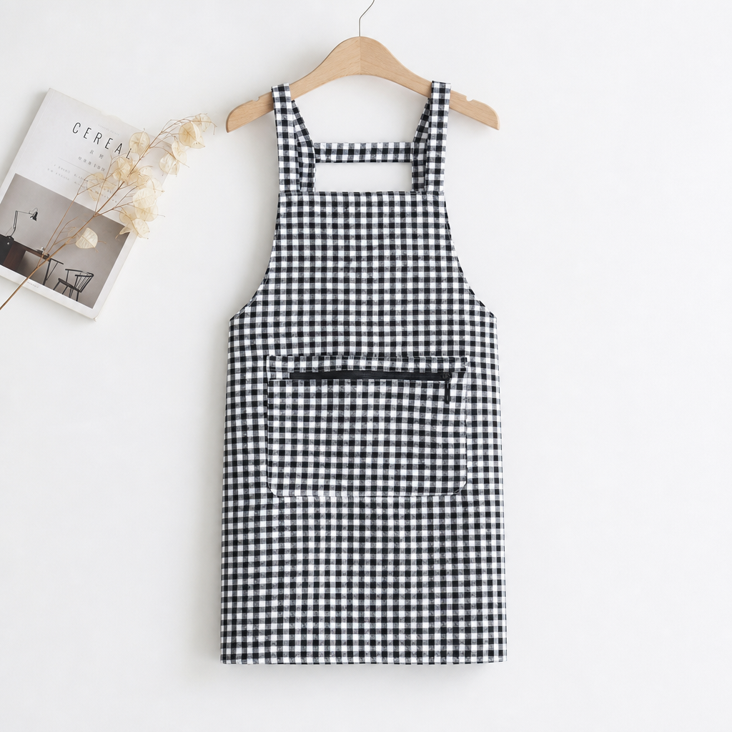 Cotton Kitchen Apron Breathable Plaid Zipper Women Cooking Baking Craft Apron