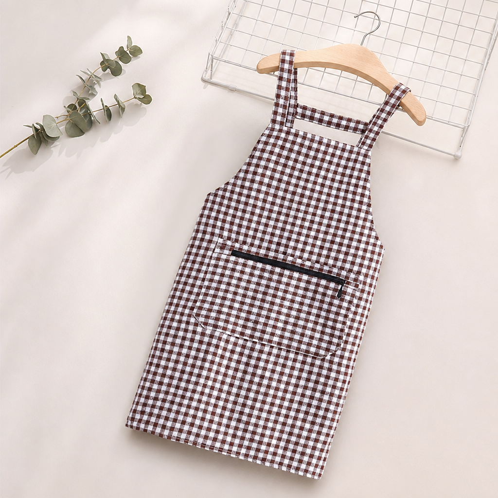 Cotton Kitchen Apron Breathable Plaid Zipper Women Cooking Baking Craft Apron