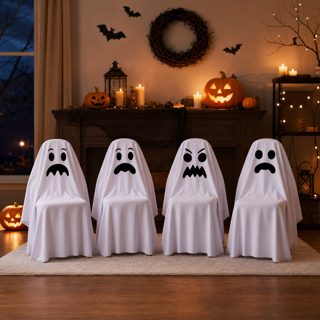 Halloween Chair Cover Set – 4 Piece Spooky Face Party Chair Slipcovers