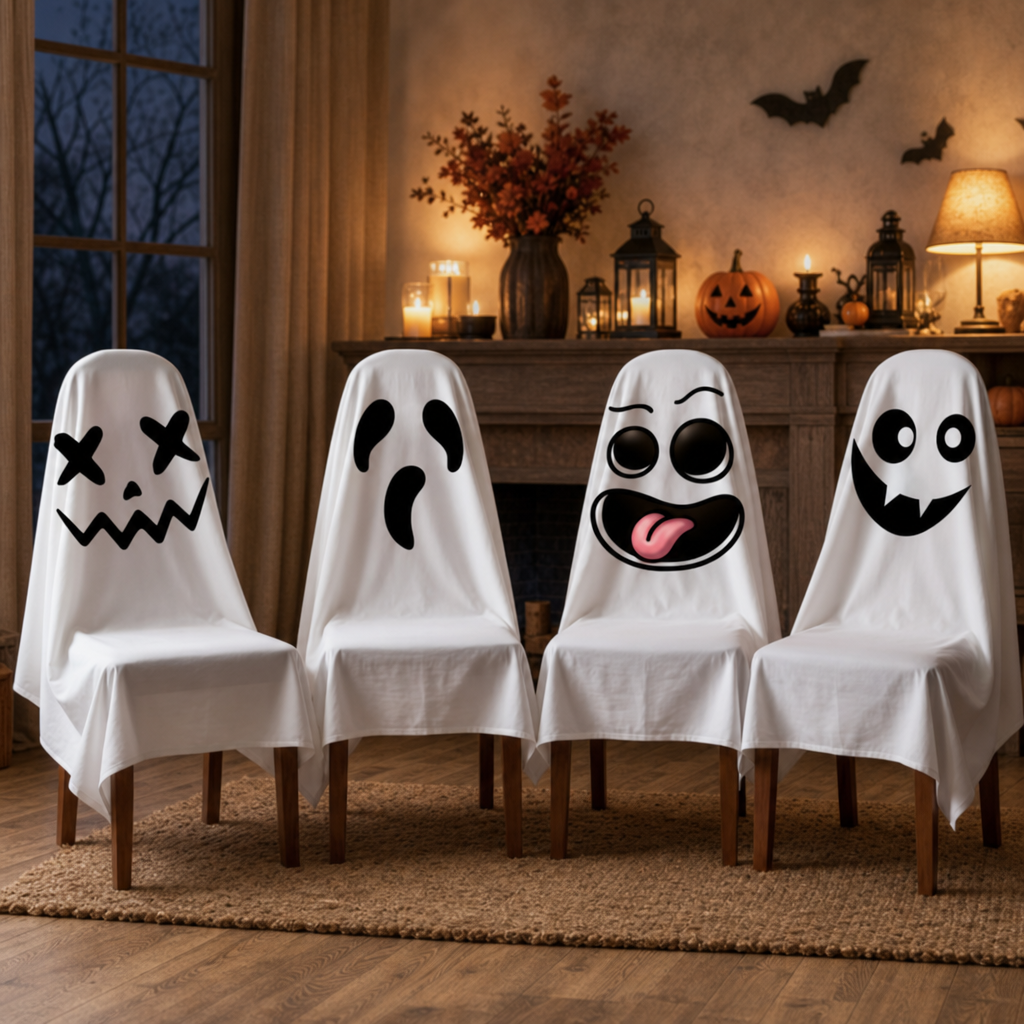 Halloween Chair Cover Set – 4 Piece Spooky Face Party Chair Slipcovers