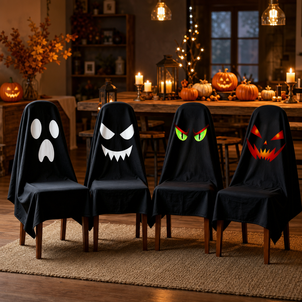 Halloween Chair Cover Set – 4 Piece Spooky Face Party Chair Slipcovers