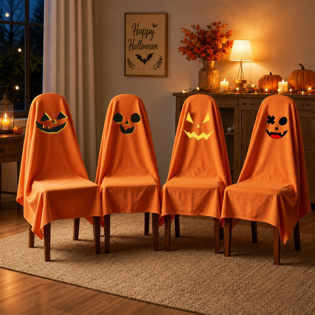 Halloween Chair Cover Set – 4 Piece Spooky Face Party Chair Slipcovers