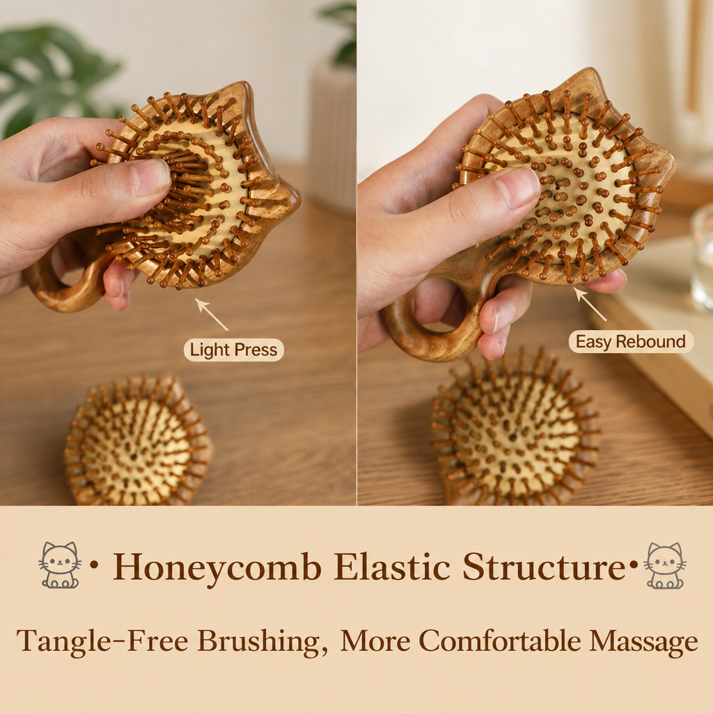 Sandalwood Cat Hair Brush – Cute Portable Cushion Comb with Hanging Hook