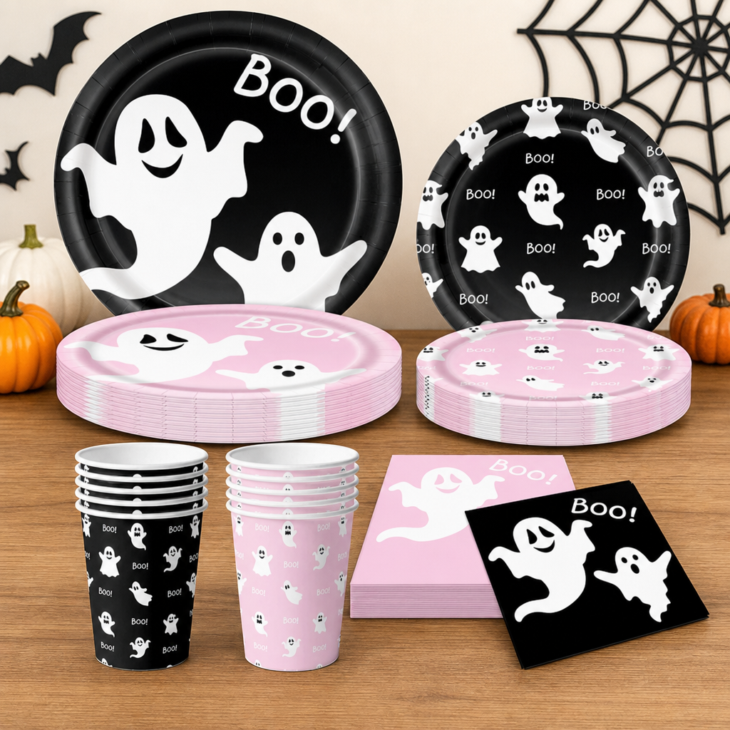 Halloween Ghost Party Set – Pink Black Ghost Tableware and Decorations