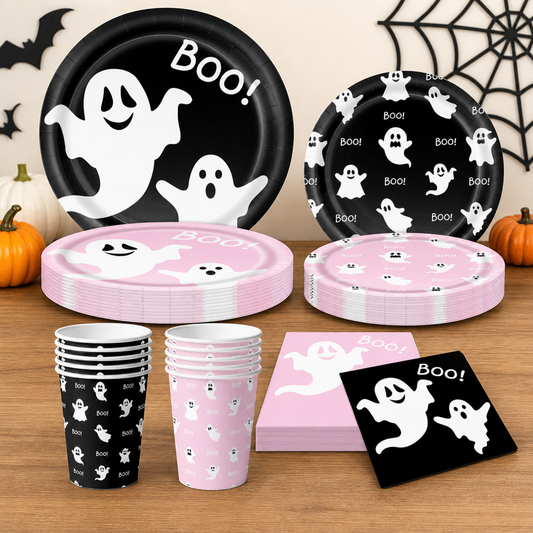 Halloween Ghost Party Set – Pink Black Ghost Tableware and Decorations