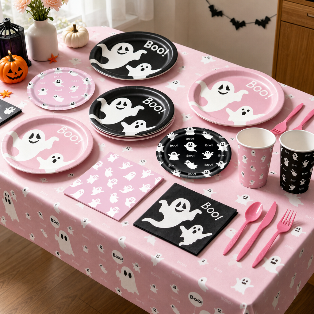 Halloween Ghost Party Set – Pink Black Ghost Tableware and Decorations