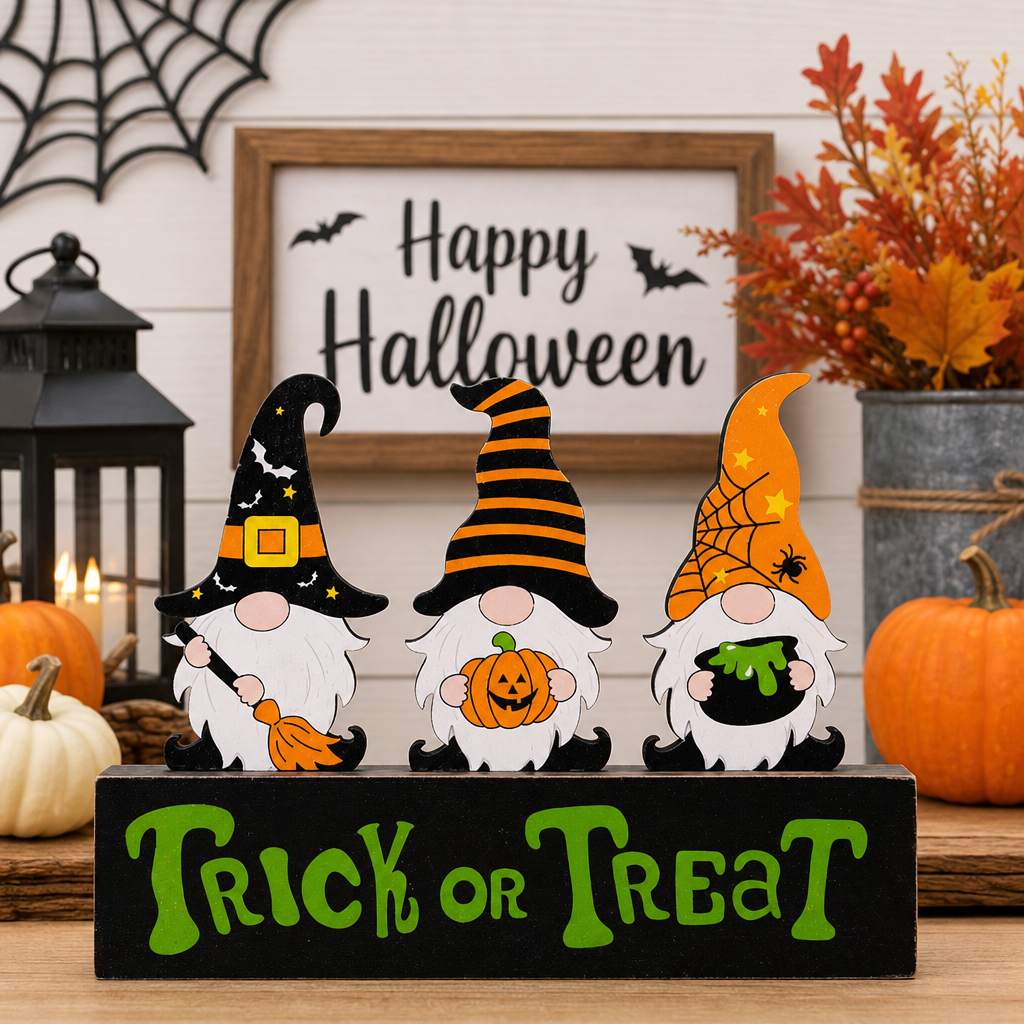 Halloween Gnome Pumpkin Decoration – Wooden Ghost Festival Tabletop Decor