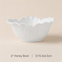 White Ceramic Flower Bowl Embossed Cabbage Design Deep Serving Bowl