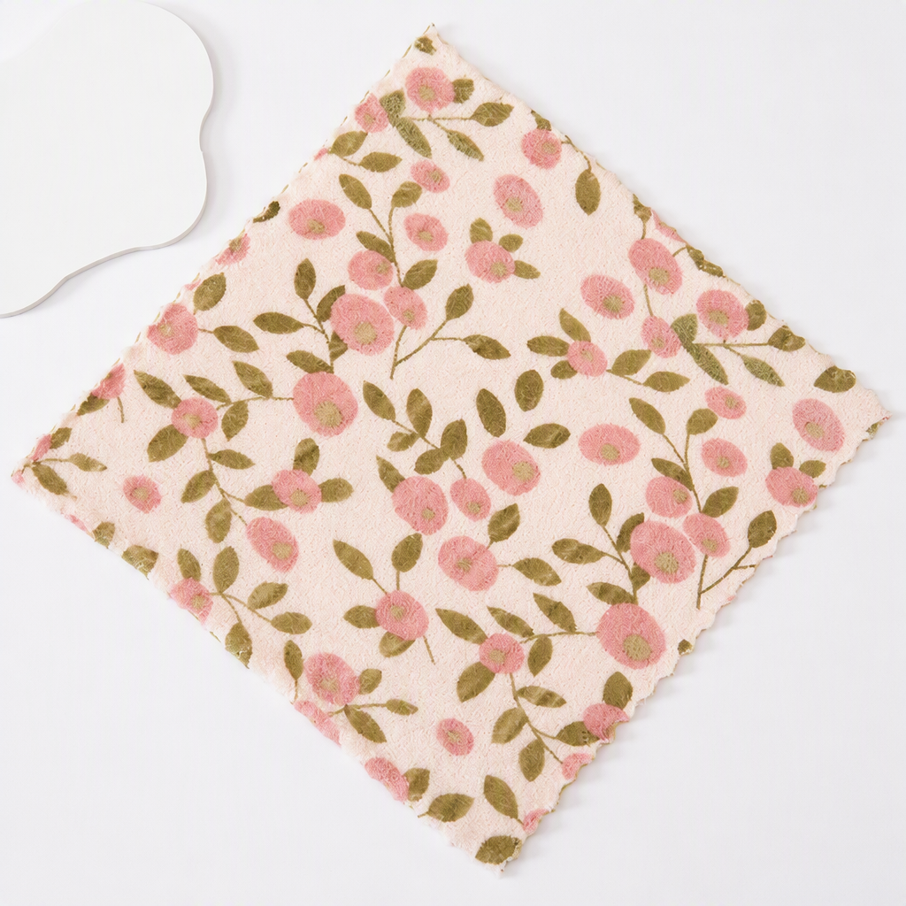 Floral Coral Fleece Absorbent Hand Towel with Lace Edge