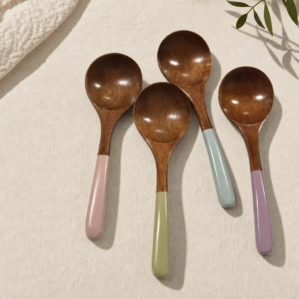 Wooden Spoon Colorful Handle Soup Spoon Dessert Spoon Set