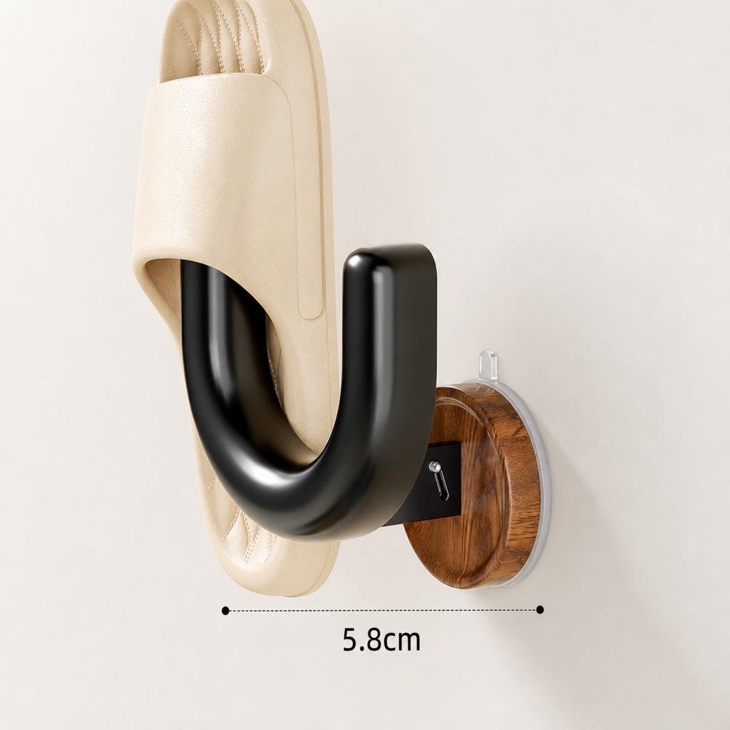 Walnut Color Bathroom Slipper Holder No Drill Suction Wall Mounted Rack