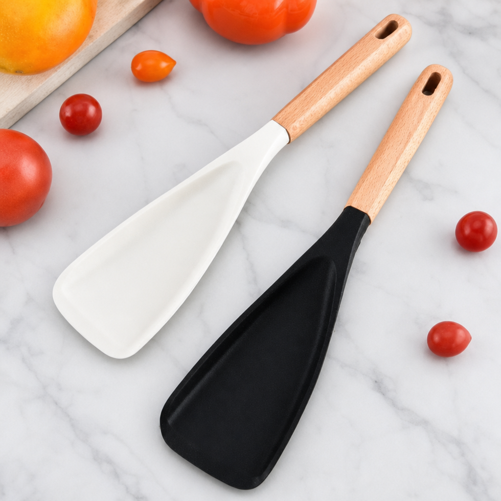 Large Wooden Handle Silicone Salad Spatula Heat Resistant Nonstick Kitchen Tool