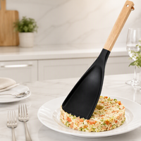 Large Wooden Handle Silicone Salad Spatula Heat Resistant Nonstick Kitchen Tool