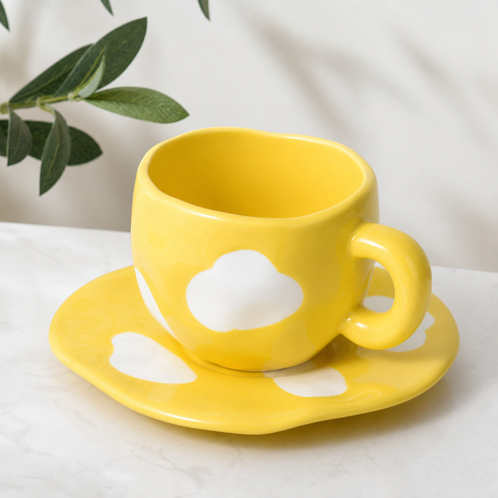 Vintage Pink Striped Ceramic Mug and Saucer Set Retro Coffee Cup